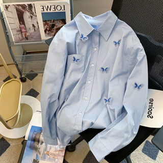 簡約襯衫上衣外套長袖襯衫女春夏季襯衫[S320]高階感小眾設計立體蝴蝶襯衫外套女春秋薄款寬鬆複古港味長袖上衣