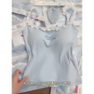 甜妹奶藍色蕾絲邊字母刺繡吊帶背心帶胸墊女夏季打底外穿顯瘦上衣