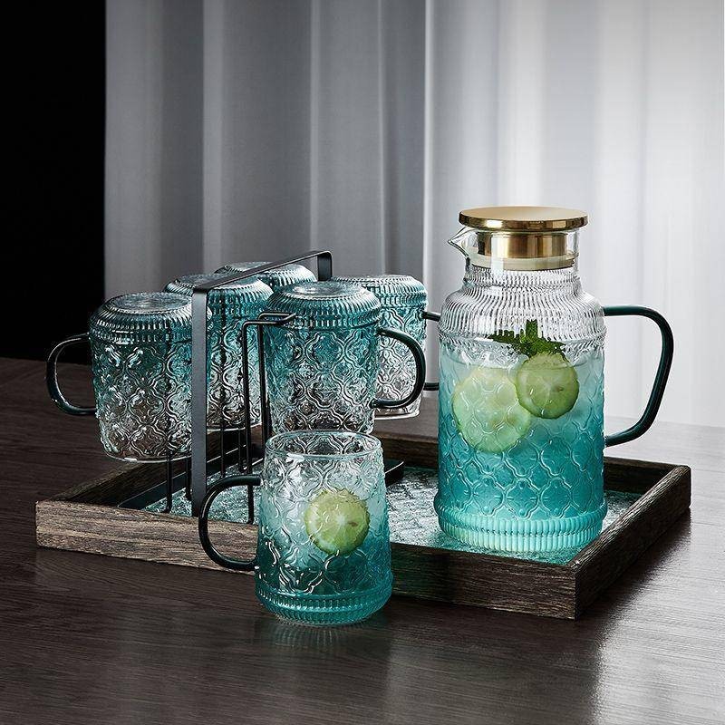 青蘋果復古風海棠花杯子冷水壺套裝玻璃杯家用簡約耐熱喝水杯水壺