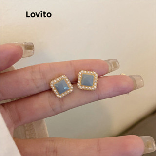 Lovito 女士優雅素色拼色幾何珍珠耳環 LFA27055