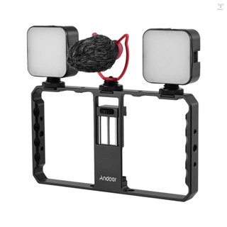 SAMSUNG Andoer 智能手機視頻裝備手柄帶鑽機雙 LED 燈麥克風,帶防震架,用於 Vlog 電影製作,兼容