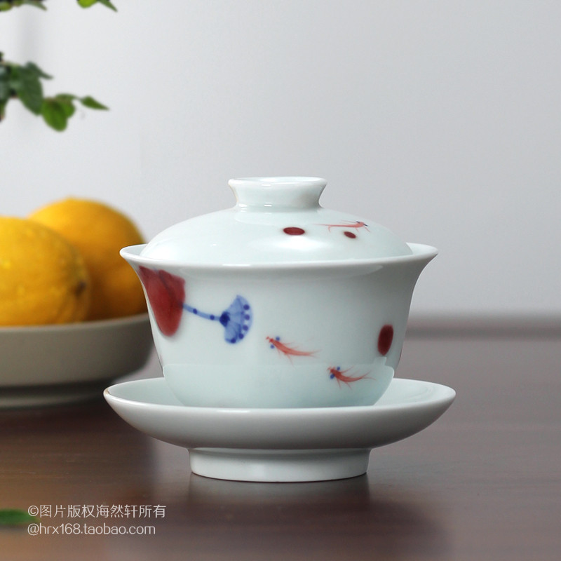 景德鎮小魚金魚三才蓋碗 釉裡紅手繪釉下彩 陶瓷功夫茶具茶杯茶碗