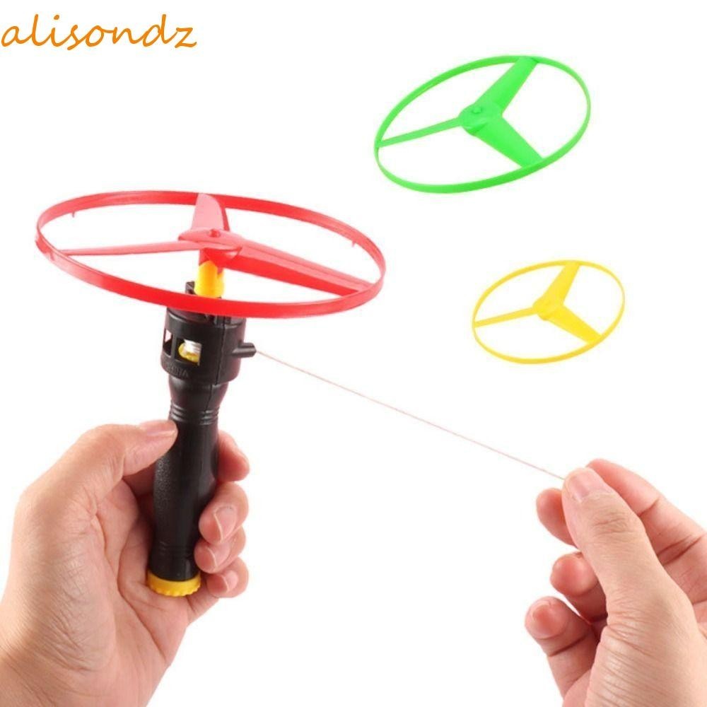 ALISOND1螺旋槳直升機戶外玩具,拉線戶外玩具拉線飛盤,手推飛行旋轉頂部隨機顏色拉弦飛碟