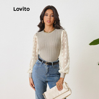 Lovito 女士休閒素色布料拼接 T 恤 LBL10129