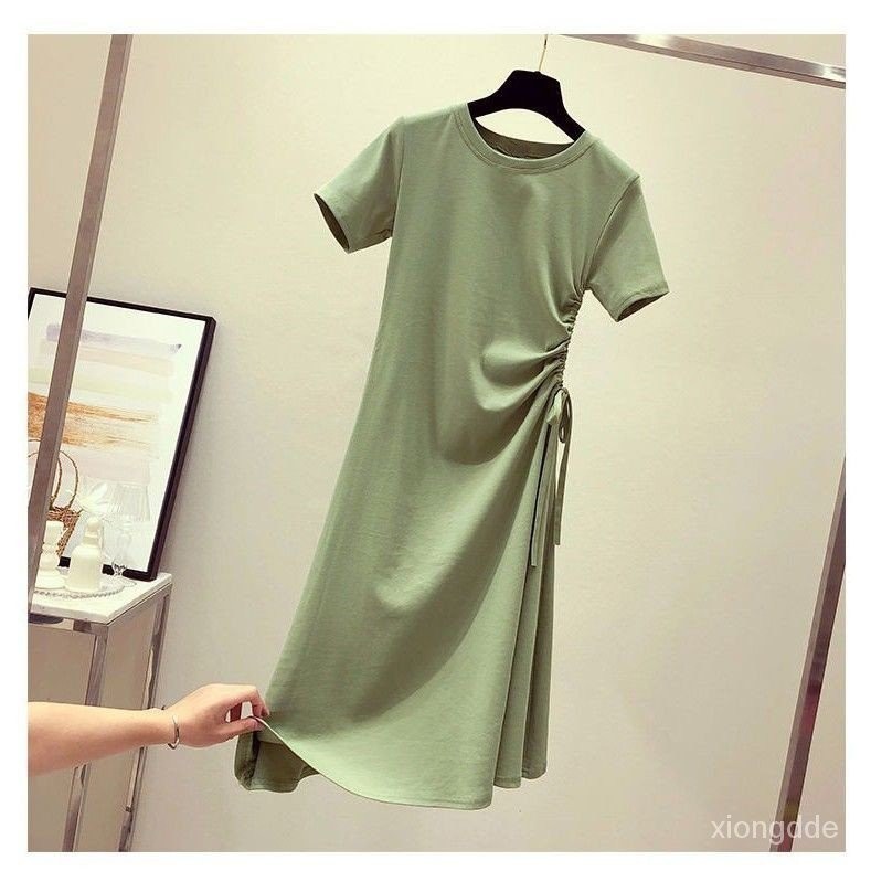 新款insT恤抽繩裙子洋氣韓版收腰學生酪梨洋裝顯瘦綠夏