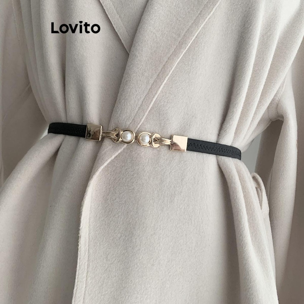 Lovito 女士休閒素色珍珠金屬腰帶 LFA28171