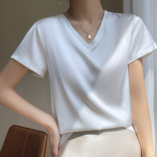 真絲緞面短袖T恤女夏季24新款桑蠶絲短袖寬鬆百搭氣質V領顯瘦上衣