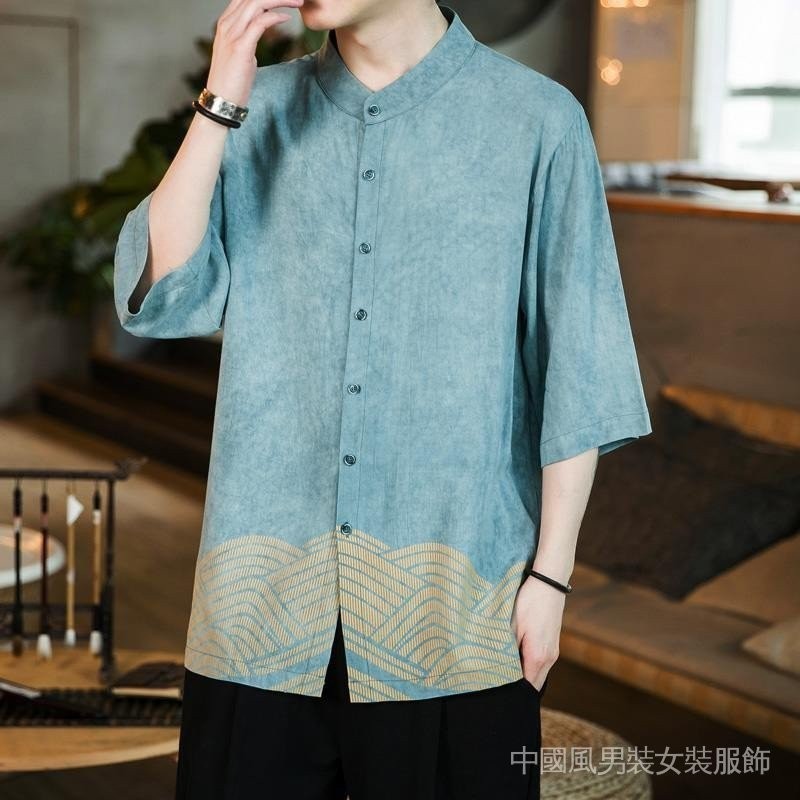 中國風男裝印花短袖襯衫冰絲短袖上衣男涼感外套寬鬆復古亞麻襯衫