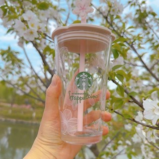 星巴克櫻花粉色透明玻璃杯 新款雙飲口咖啡隨享杯 450ml冷飲果汁杯 可愛生日禮物 VSUZ