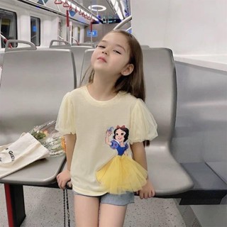 女童短袖T恤 夏季新款上衣 韓版公主T恤 網紗泡泡袖T恤 兒童寶寶洋氣上衣 卡通短袖上衣