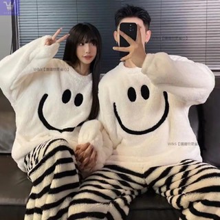 W&S家[2025年新款]冬天珊瑚絨情侶睡衣女 可愛圓領笑臉睡衣韓版刷毛加厚保暖居家服大尺碼男士家居服 一男一女居家套裝