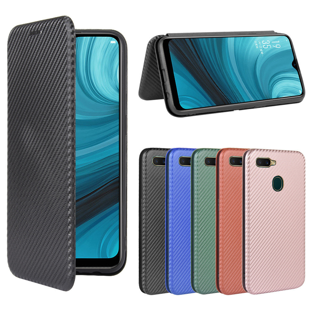 適用OPPO A7 AX7 A5s 耐髒耐磨碳纖維手機殼保護套磁扣插卡商務翻蓋皮套素面色書本式手機殼