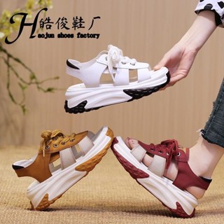 新品💗真皮運動涼鞋 厚底休閒涼鞋 女款夏季百搭軟底老爹鞋 防滑繫帶老爹鞋