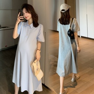 🌈臺灣出貨🌈孕婦裝 孕婦洋裝 孕婦夏裝連衣裙 純色 翻領 短袖 寬鬆 大碼中長款 孕婦襯衫 洋氣T恤裙子 孕婦連衣裙