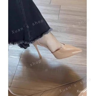 Xuan🥨 女神版!裸色高跟鞋女細跟法式氣質漆皮單鞋性感尖頭淺口側空涼鞋