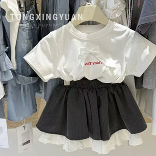 【全店免運】女童套裝 女童夏裝 夏款T恤女童甜美蝴蝶結T恤短袖上衣洋氣女孩學院風短裙