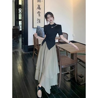 【HOT 本舖】 新中式禪意風設計感不規則鏤空短袖上衣高腰半身裙女夏季兩件套裝