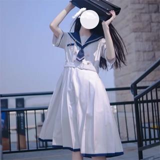 【HOT 本舖】 夏季日系JK水手服海軍領元氣少女中長款連衣裙收腰顯瘦學生A字裙