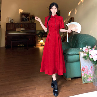 S-4XL 敬酒服 紅色旗袍訂婚禮服 大尺碼洋裝 旗袍洋裝 紅色旗袍裙 結婚登記穿搭 夏天洋裝