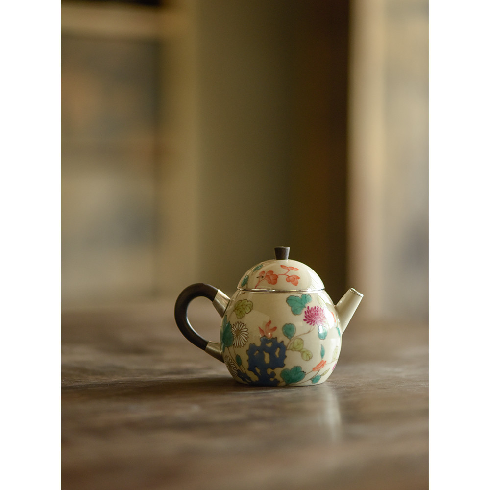【收藏精品茶具】手繪粉彩花卉陶瓷壺手工泡茶壺復古茶具