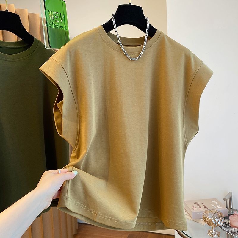 韓系設計感小眾飛飛袖T恤女短袖寬鬆純棉無袖體恤落肩袖上衣夏季T201