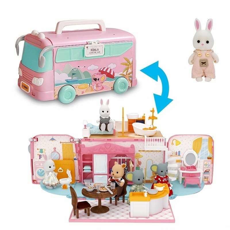 便攜式露營車房車玩具套裝角色扮演場景玩具帶動物娃娃女孩生日