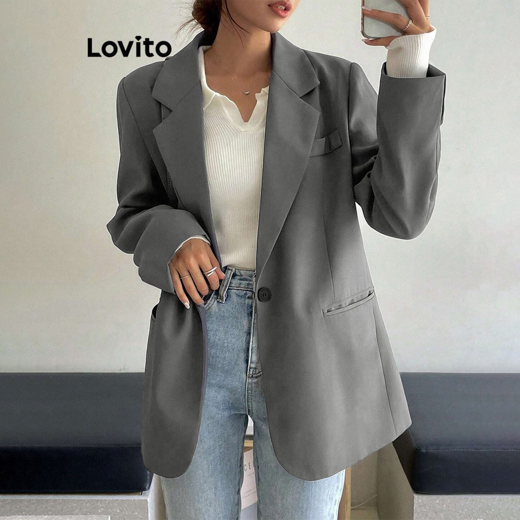 Lovito 女士休閒素色開衩鈕扣西裝外套 LBL20185