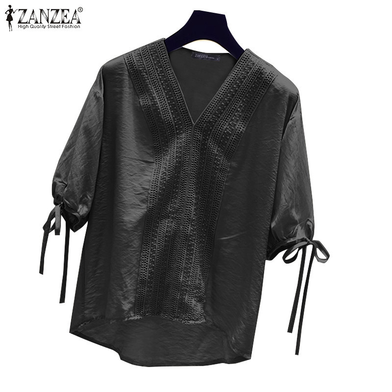 Zanzea 女式韓版休閒 V 領半袖拼接蕾絲條紋襯衫