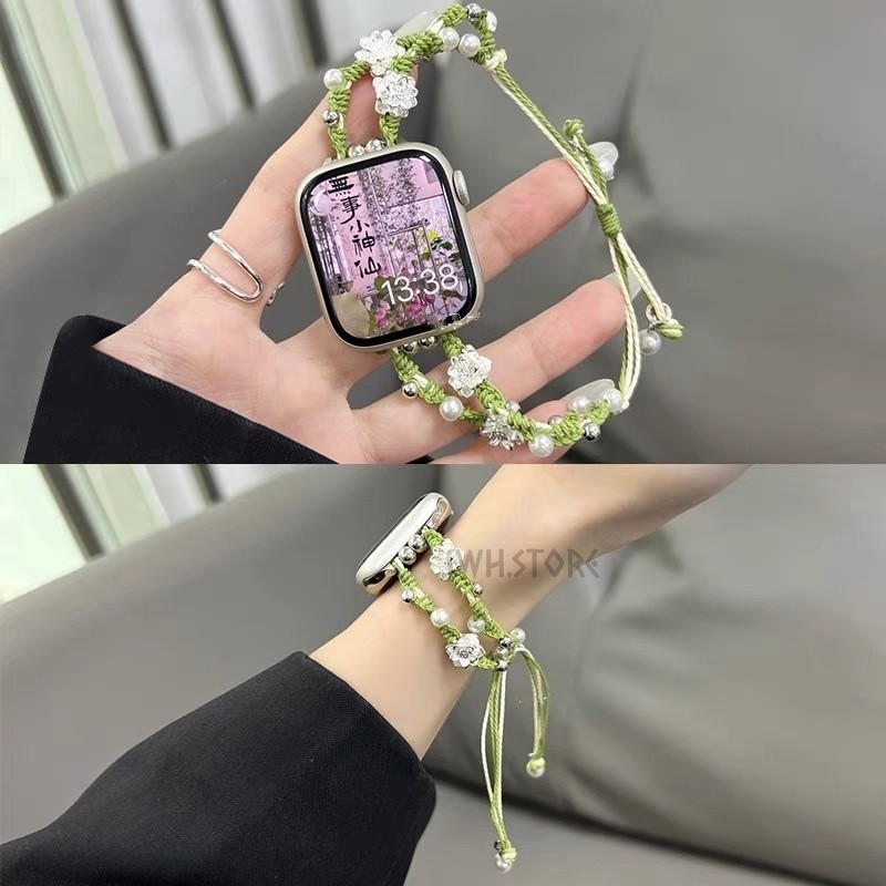 蓮花珍珠編織繩錶帶 透氣女款 適用於 Apple Watch 9 8 7 6 5 SE 蘋果手錶錶帶 41mm 45mm