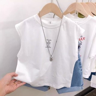 熱銷新款日韓韓系兒童夏季無袖T恤新款男童女童白色簡約寶寶背心帥氣上衣純棉