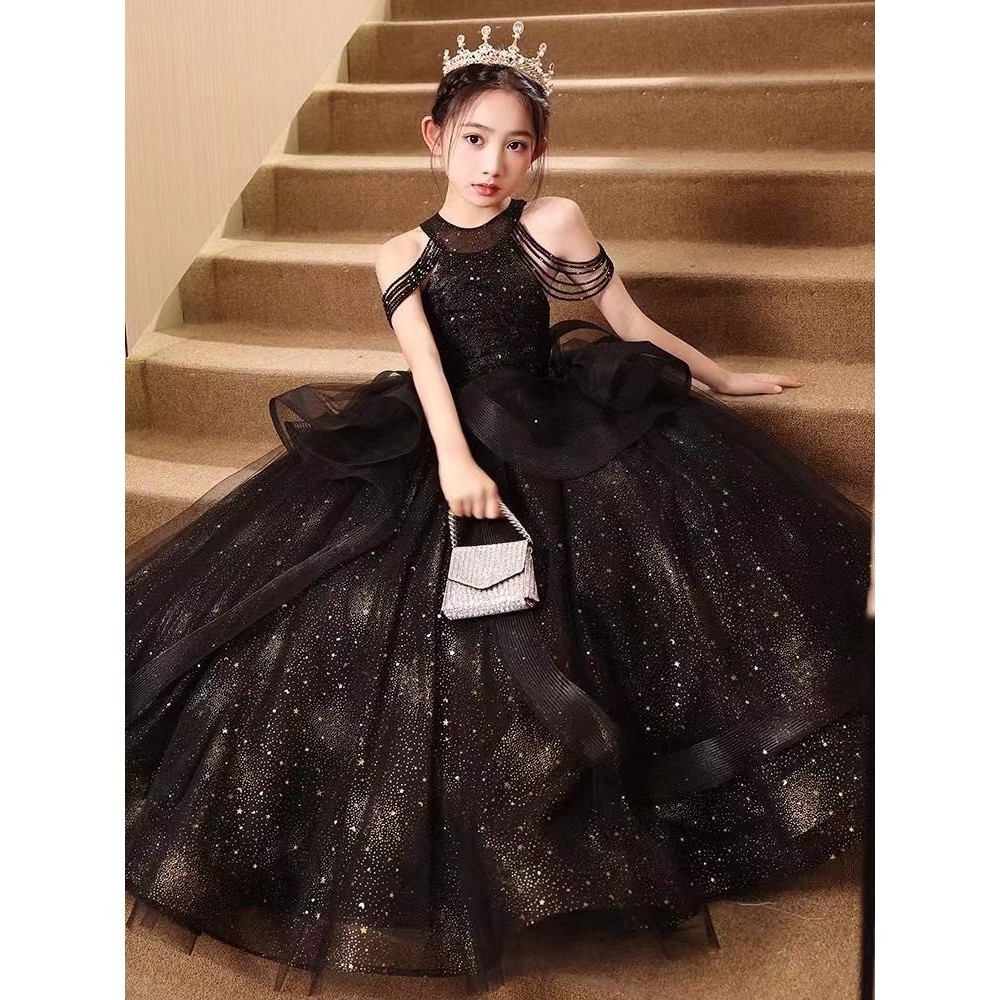 炫雅女童高級晚禮服主持人輕奢小眾黑色公主裙兒童走秀表演服鋼琴演奏