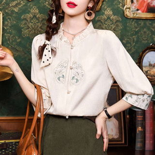 新中式國風襯衫復古刺繡七分袖上衣女裝夏季醋酸緞面襯衫氣質小衫