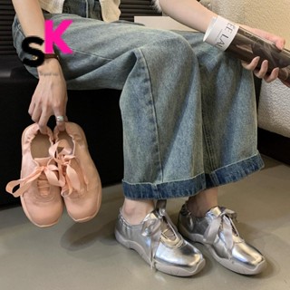 SK韓版chic手工訂製2024新款夏季綁帶銀色芭蕾舞鞋時尚軟平底女士運動鞋單鞋休閒鞋現貨