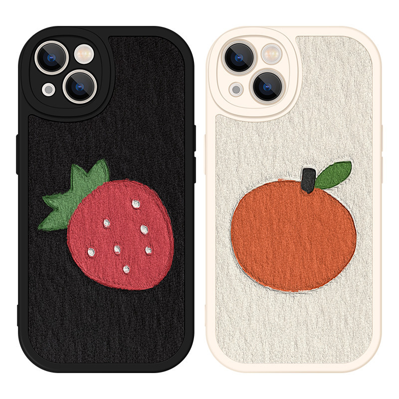 草莓橘子情侶小羊皮手機殼p60適用蘋果15/14/13promax軟iphone小米12華為mate60/pura70紅
