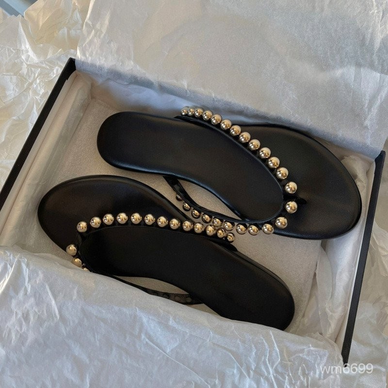 法式珍珠真皮平底夾腳拖鞋女外穿2024年夏季新款時尚沙灘夾腳涼拖0514