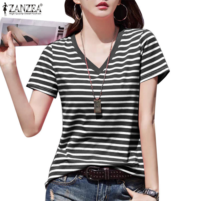 Zanzea 女式韓版休閒 V 領短袖條紋印花襯衫