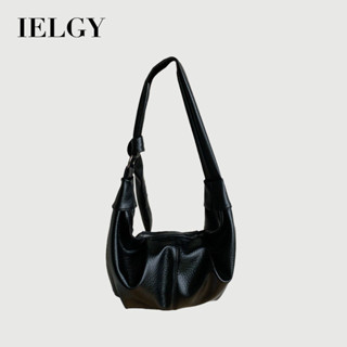 IELGY 女士大容量復古軟皮褶皺餃子包 慵懶風休閒百搭牛角單肩斜揹包