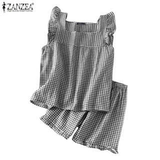 Zanzea 女式韓版休閒方領無袖格子背心上衣鬆緊腰帶短褲套裝