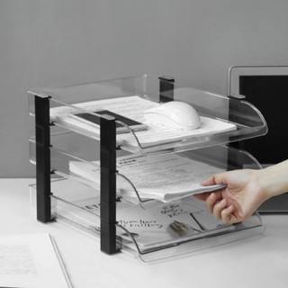 【品質五金】透明檔案座三層塑膠橫式框學生桌面檔案整理資料收納架置物筐多盤 【售後無憂】