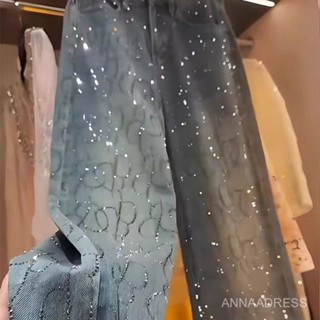 現貨實拍｜女裝 大尺碼 長褲女 藍色燙鑽牛仔褲女重工高階感百搭高腰顯瘦寬鬆直筒褲