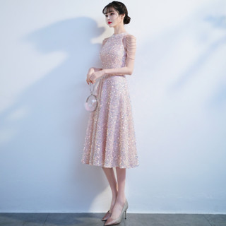 (尺寸XXL) 出清女士粉色中長款亮片洋裝 優雅主持禮服 鋼琴表演 喜宴伴娘禮服
