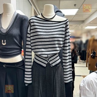 【喂~】條紋上衣 條紋針織上衣 撞色上衣 開叉上衣 針織長袖上衣 不規則上衣 針織衫上衣女