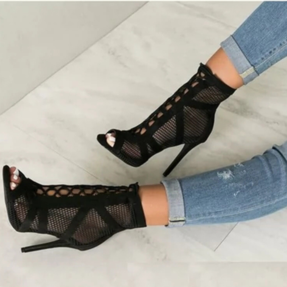 heels 2024時尚新款細跟女鞋大尺碼黑色歐美女士綁帶涼鞋魚嘴高跟鞋