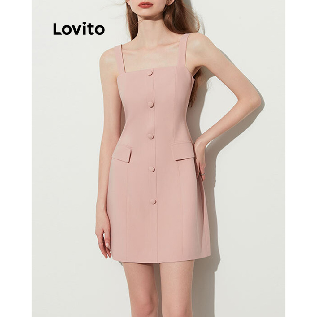 Lovito 女裝優雅素色鈕扣假口袋洋裝 L83ED210