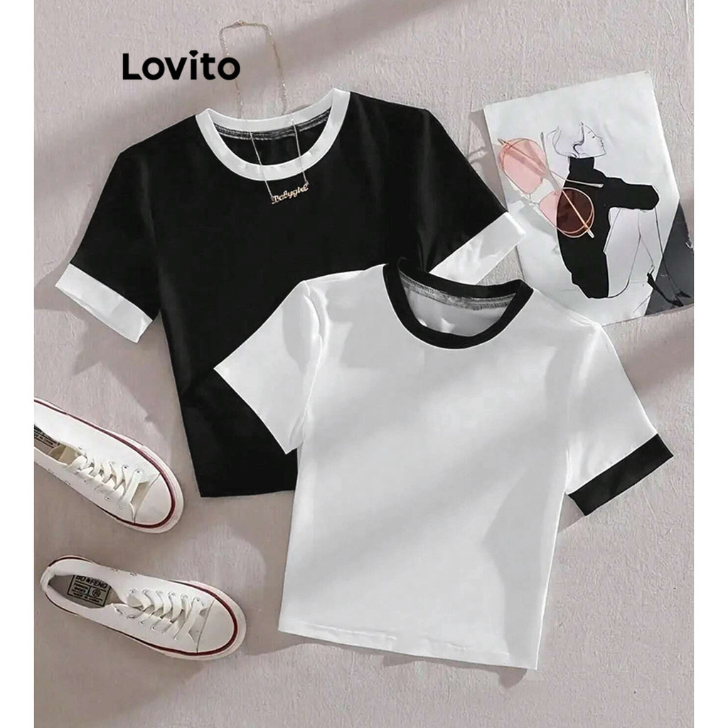 Lovito 女士運動型素色撞色綁帶短版上衣 T 恤 L86ED098