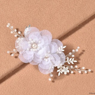 女士紗布花朵髮夾白色珍珠手腕花朵胸花帶絲帶