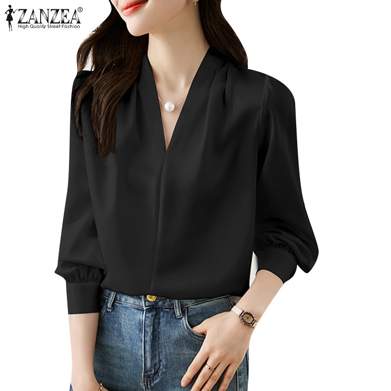Zanzea 女式韓版休閒 V 領純色長袖襯衫