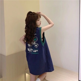 💖臺灣出貨💖長版小背心 復古撞色拼接吊帶背心女夏學生籃球運動休閑寬松坎肩無袖印花上衣