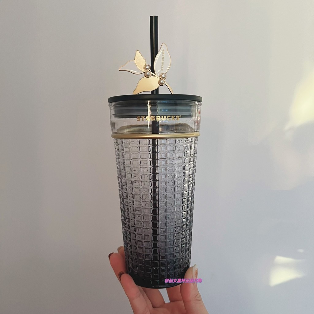 星巴克杯子23咖啡寶藏600ml黑金方形格紋玻璃吸管杯花朵裝飾冷水
