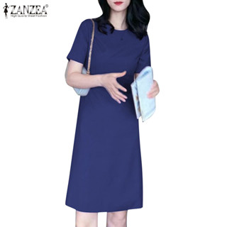 Zanzea 女式韓版時尚短泡泡袖圓領直筒休閒連衣裙